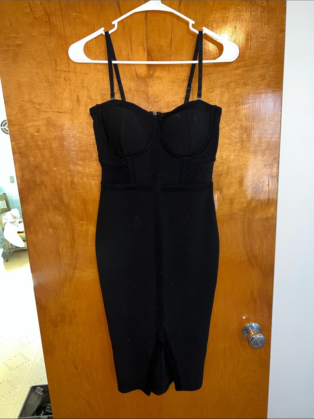 Black Bustier Midi Dress with Mesh Side Panels